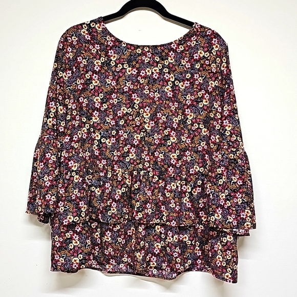 Time and Tru floral peasant top, bell sleeve, ruffle bodice, blk yellow red - Picture 1 of 11